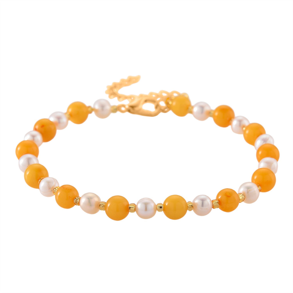 D'Joy Amber & White Fresh Water Pearl Beads Bracelet (Size - 7+2 EXT) in Yellow Gold Plated Sterling Silver 15.00 Ct._8426899_3