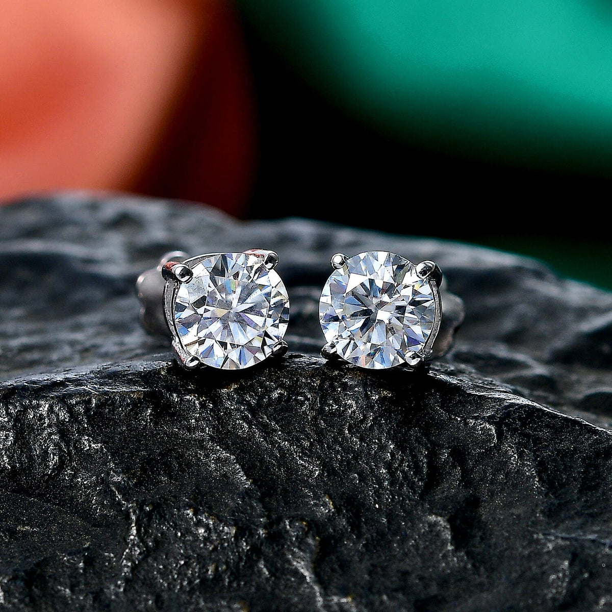 D'Joy - Moissanite Solitaire Stud Earring with Screw Back in Platinum Overlay Sterling Silver 1.54 Ct. V32527176 3