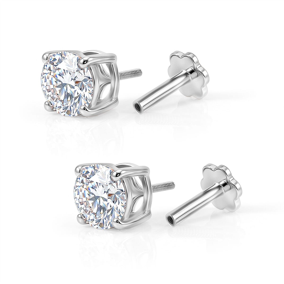 D'Joy - Moissanite Solitaire Stud Earring with Screw Back in Platinum Overlay Sterling Silver 1.54 Ct. V32527176 5