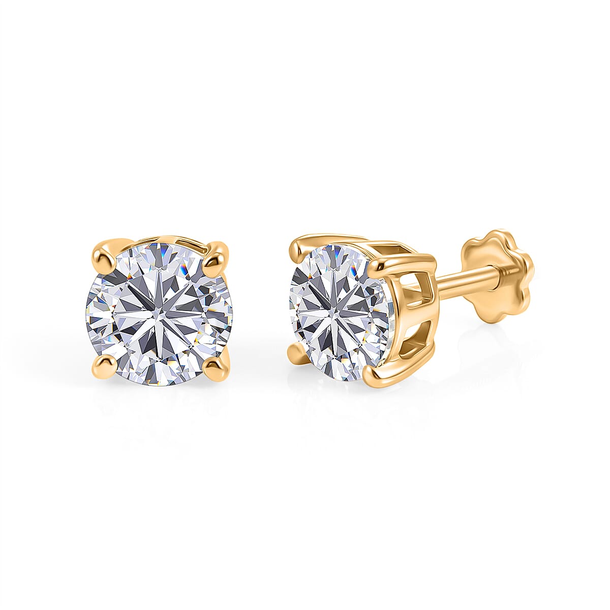 D'Joy - Moissanite Solitaire Stud Earring with Poke-free Screw Back in Yellow Gold Plated Sterling Silver 2.40 Ct. 8427241 0