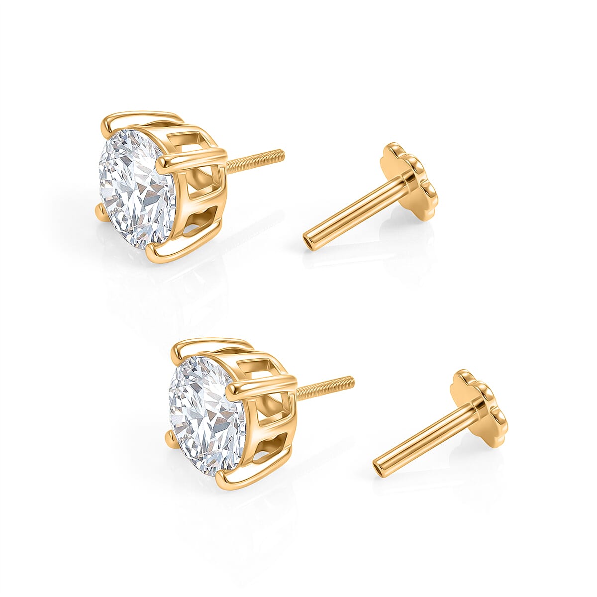 D'Joy - Moissanite Solitaire Stud Earring with Poke-free Screw Back in Yellow Gold Plated Sterling Silver 2.40 Ct. 8427241 5