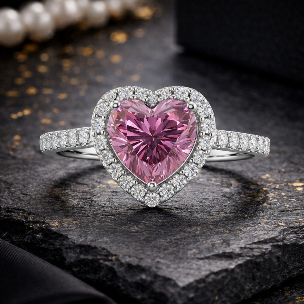 Premium Pink Moissanite Halo Heart Ring in Rhodium Overlay Sterling Silver 2.40 Ct. V32516643 2