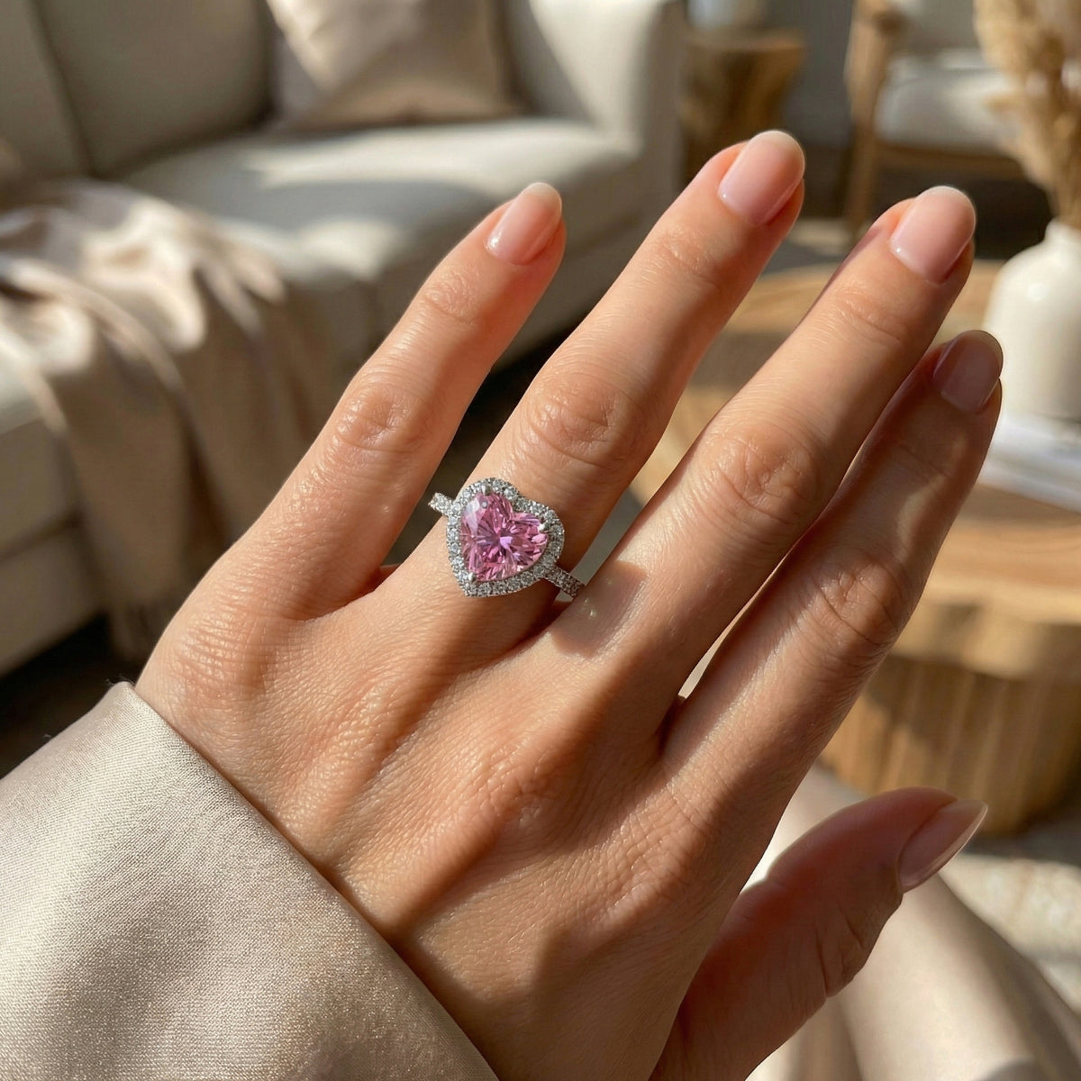 Premium Pink Moissanite Halo Heart Ring in Rhodium Overlay Sterling Silver 2.40 Ct. V32516643 3