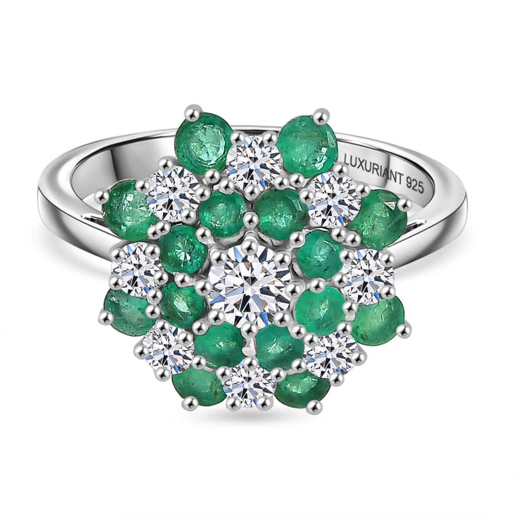 Luxuriant AAA Gemfields Zambian Emerald & SI/GH Lab Grown Diamond Floral Ring in Rhodium Overlay Sterling Silver 2.23 Ct_8428894