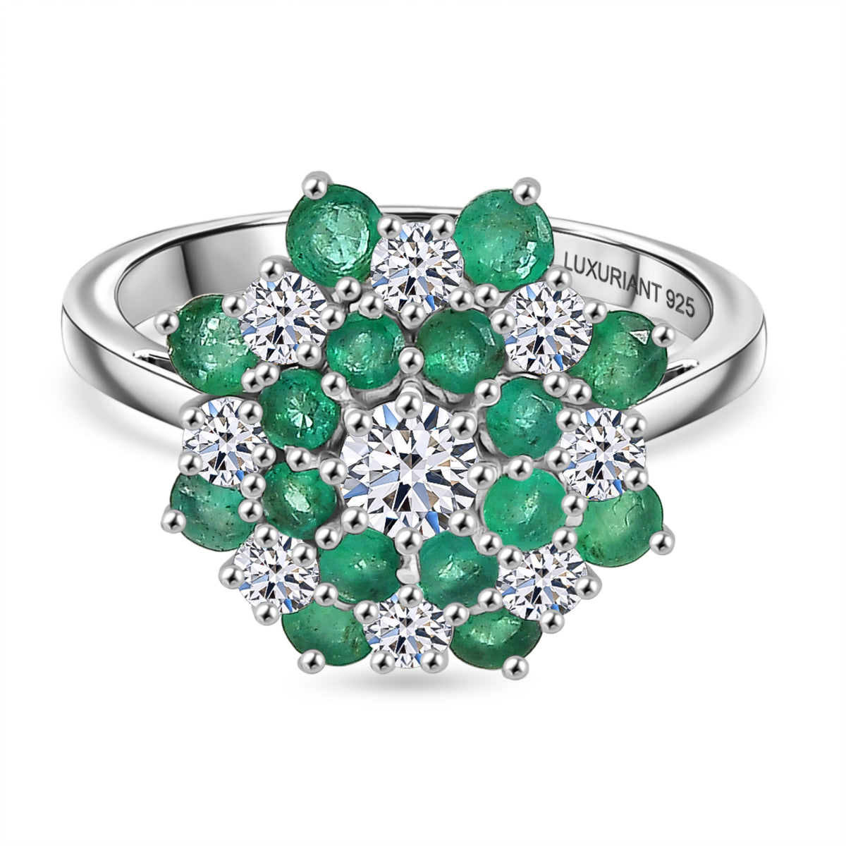 Luxuriant AAA Gemfields Zambian Emerald &amp; SI/GH Lab Grown Diamond Floral Ring in Rhodium Overlay Sterling Silver 2.23 Ct V32516119 0