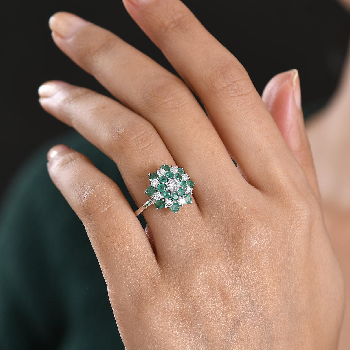 Luxuriant AAA Gemfields Zambian Emerald &amp; SI/GH Lab Grown Diamond Floral Ring in Rhodium Overlay Sterling Silver 2.23 Ct V32516119 2