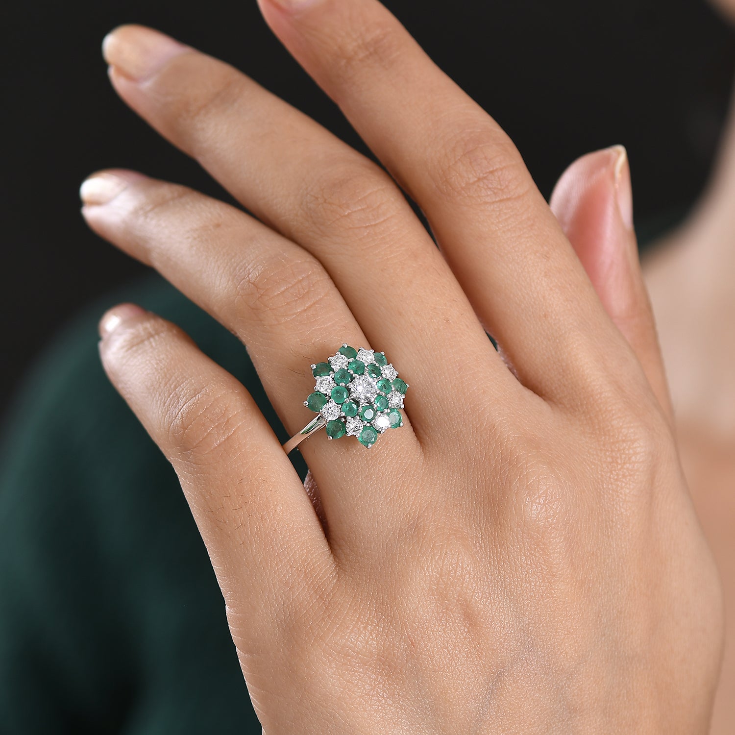Luxuriant AAA Gemfields Zambian Emerald &amp; SI/GH Lab Grown Diamond Floral Ring in Rhodium Overlay Sterling Silver 2.23 Ct V32516119 2