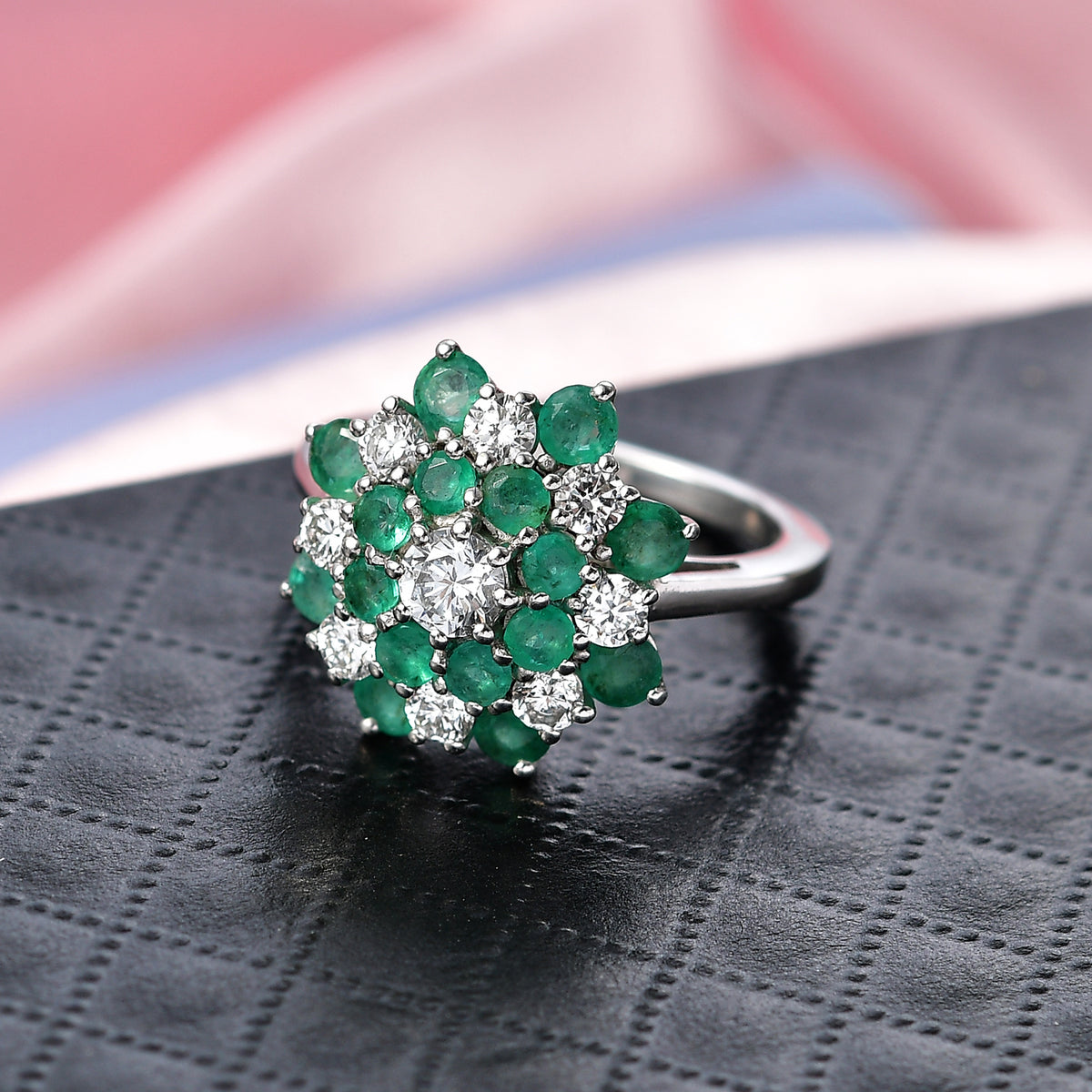 Luxuriant AAA Gemfields Zambian Emerald &amp; SI/GH Lab Grown Diamond Floral Ring in Rhodium Overlay Sterling Silver 2.23 Ct V32516119 3