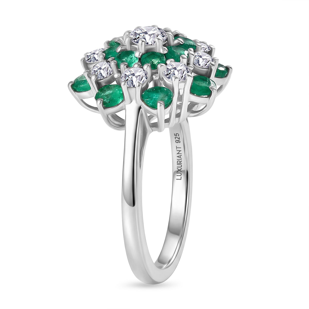 Luxuriant AAA Gemfields Zambian Emerald &amp; SI/GH Lab Grown Diamond Floral Ring in Rhodium Overlay Sterling Silver 2.23 Ct V32516119 4