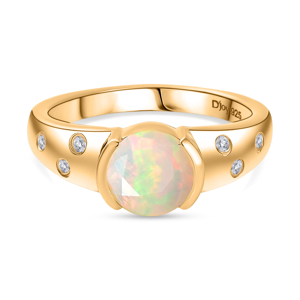 D'Joy Faceted Ethiopian Opal &amp; White Zircon Solitaire Ring in Yellow Gold Plated Sterling Silver 0.90 Ct. V32528951 0