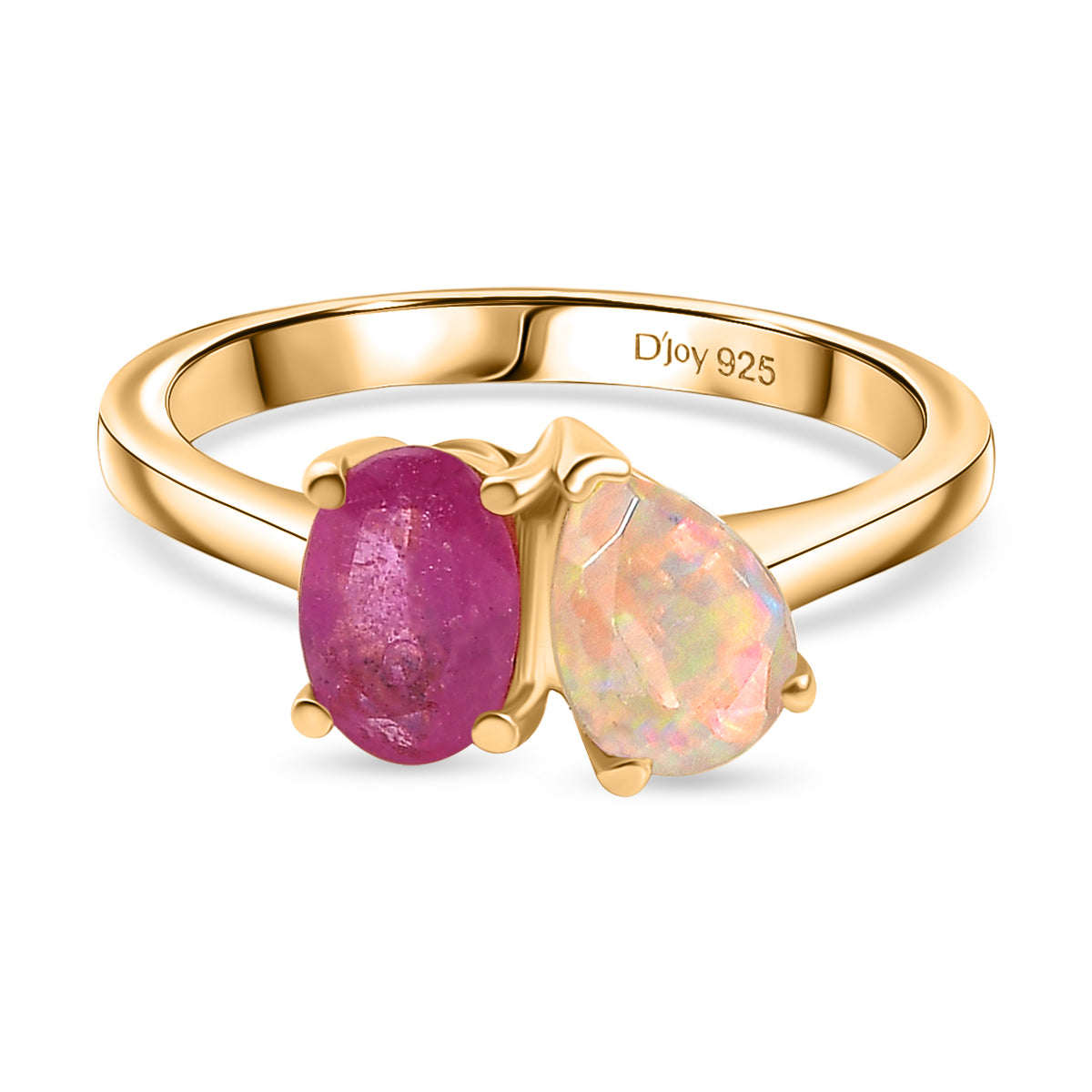 D'Joy Faceted Ethiopian Opal &amp; Fissure Filled Pink Sapphire Toi et Moi Ring in Yellow Gold Plated Sterling Silver 1.60 Ct. V32667347 0