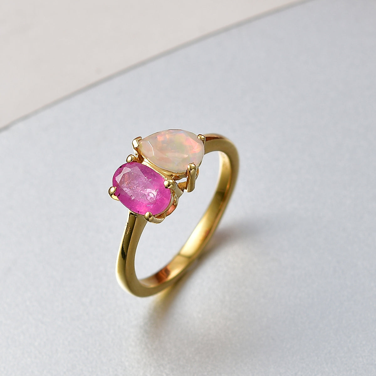 D'Joy Faceted Ethiopian Opal &amp; Fissure Filled Pink Sapphire Toi et Moi Ring in Yellow Gold Plated Sterling Silver 1.60 Ct. V32667347 2