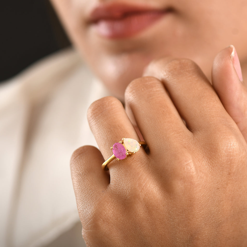 D'Joy Faceted Ethiopian Opal & Fissure Filled Pink Sapphire Toi et Moi Ring in Yellow Gold Plated Sterling Silver 1.60 Ct._8429061_2