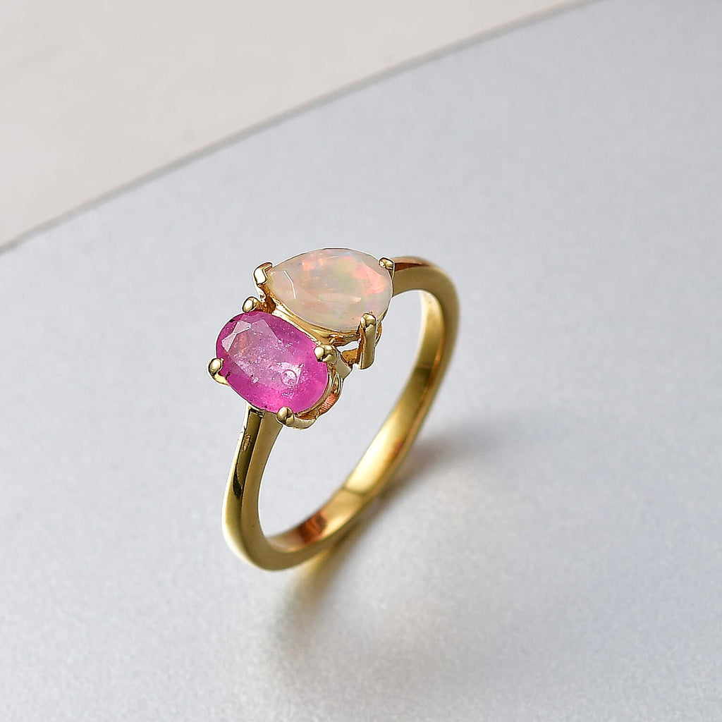 D'Joy Faceted Ethiopian Opal & Fissure Filled Pink Sapphire Toi et Moi Ring in Yellow Gold Plated Sterling Silver 1.60 Ct._8429063_1