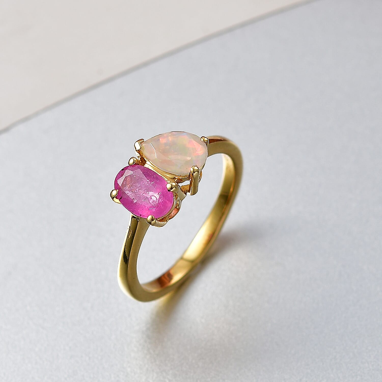 D'Joy Faceted Ethiopian Opal &amp; Fissure Filled Pink Sapphire Toi et Moi Ring in Yellow Gold Plated Sterling Silver 1.60 Ct. 8429063 2