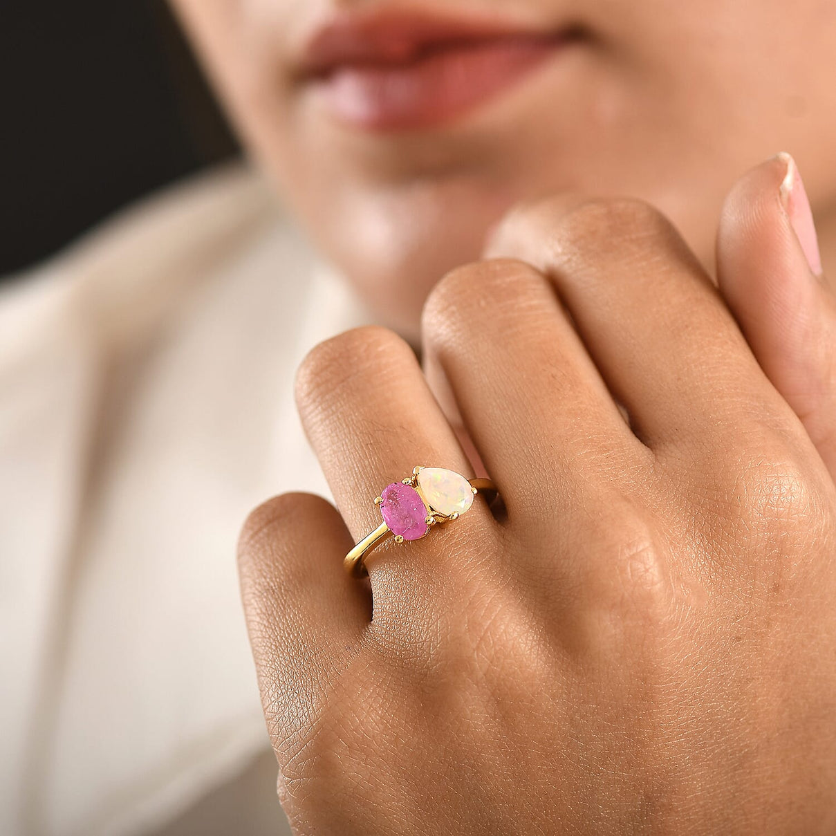 D'Joy Faceted Ethiopian Opal &amp; Fissure Filled Pink Sapphire Toi et Moi Ring in Yellow Gold Plated Sterling Silver 1.60 Ct. 8429063 3