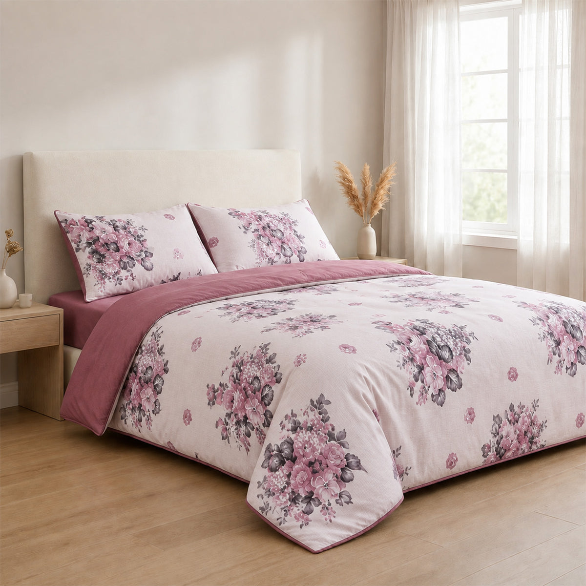 LIVMORE Set of 4 - Printed Duvet Cover Set - Inc. Duvet Cover, Fittted Sheet, &amp; 2 x Pillowcases (King, Size 225x200 cm) - Purple V32529463 4