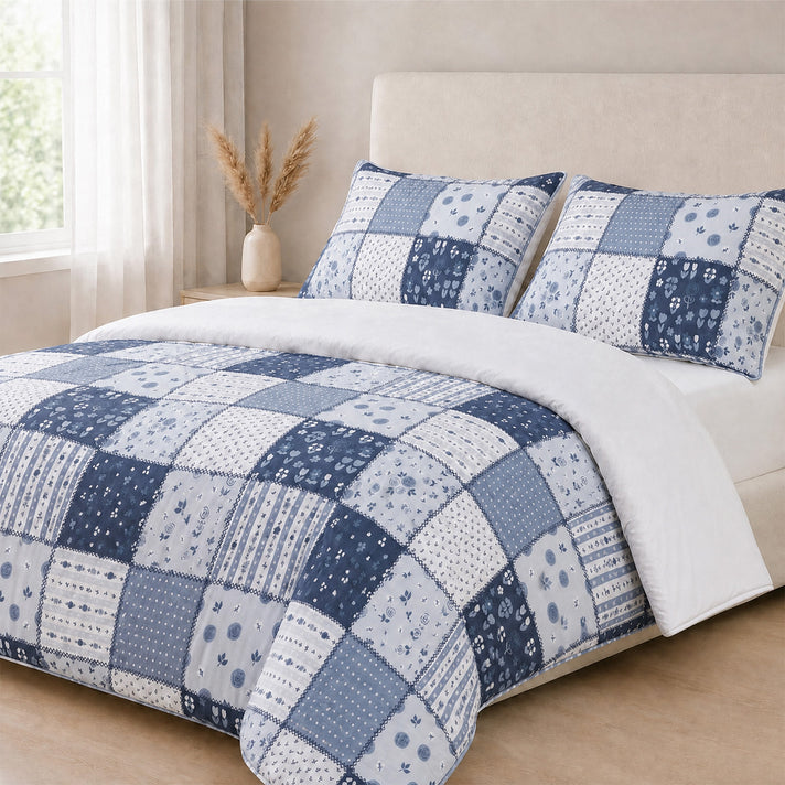 LIVMORE Set of 4 - Printed Duvet Cover Set - Inc. Duvet Cover, Fittted Sheet, &amp; 2 x Pillowcases (Double, Size 200x200 cm) - Blue 8429111 1