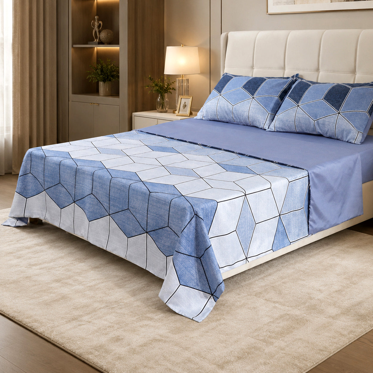 LIVMORE Set of 4 - Printed Duvet Cover Set - Inc. Duvet Cover, Fitted Sheet, &amp; 2 x Pillowcases (Double, 200x200 cm) - Blue 8429128 2