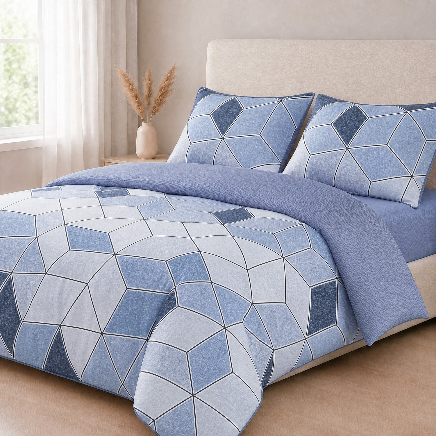 LIVMORE Set of 4 - Printed Duvet Cover Set - Inc. Duvet Cover, Fitted Sheet, &amp; 2 x Pillowcases (King, Size 225x200 cm) - Blue V32528701 0