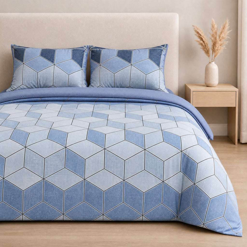 LIVMORE Set of 4 - Printed Duvet Cover Set - Inc. Duvet Cover, Fitted Sheet, & 2 x Pillowcases (King, Size 225x200 cm) - Blue_8429129_2