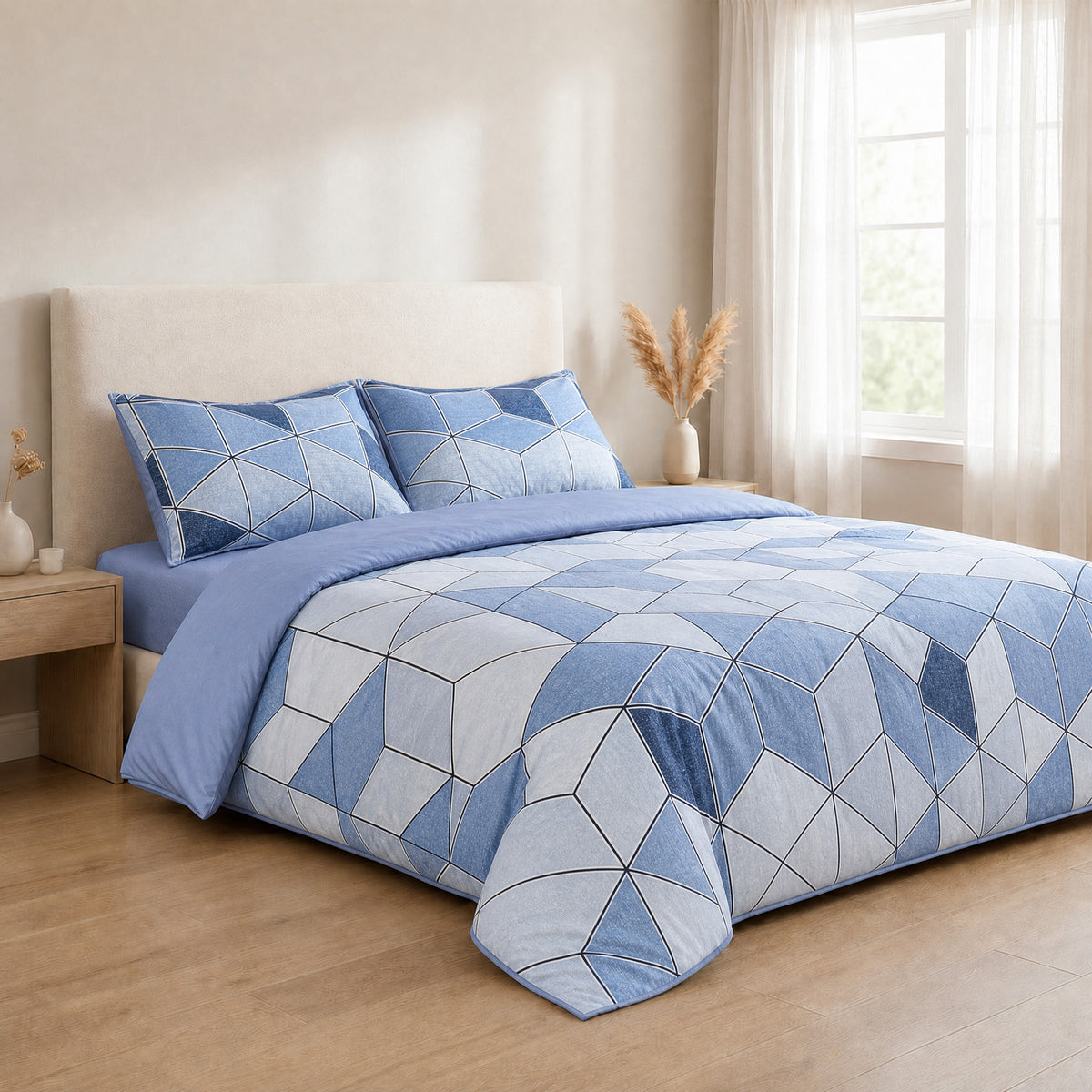 LIVMORE Set of 4 - Printed Duvet Cover Set - Inc. Duvet Cover, Fitted Sheet, &amp; 2 x Pillowcases (King, Size 225x200 cm) - Blue V32528701 4