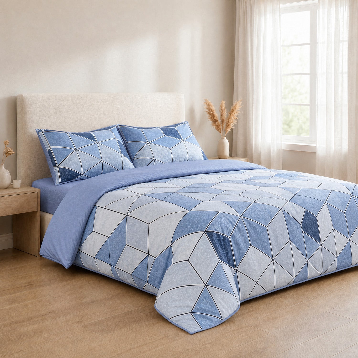 LIVMORE Set of 4 - Printed Duvet Cover Set - Inc. Duvet Cover, Fitted Sheet, &amp; 2 x Pillowcases (King, Size 225x200 cm) - Blue V32528701 4