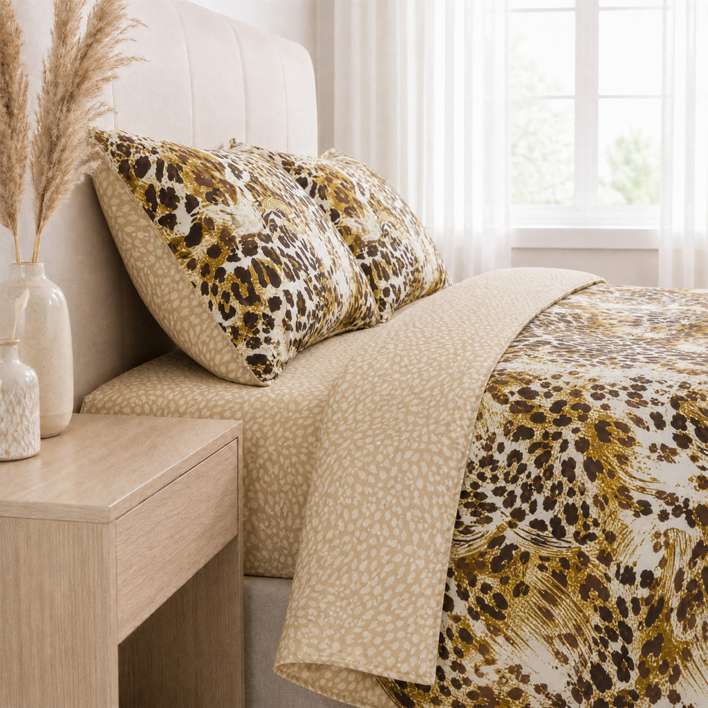 LIVMORE Set of 4 - Printed Duvet Cover Set - Inc. Duvet Cover, Fitted Sheet, & 2 x Pillowcases (Double, Size 200x200 cm) - Brown_8429130_1