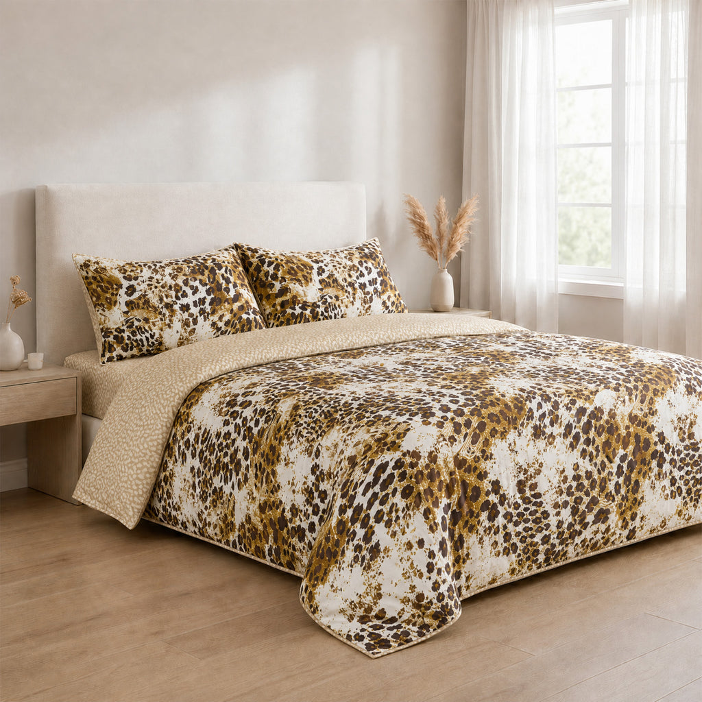 LIVMORE Set of 4 - Printed Duvet Cover Set - Inc. Duvet Cover, Fitted Sheet, & 2 x Pillowcases (King, 225x220 cm) - Brown_8429131_3