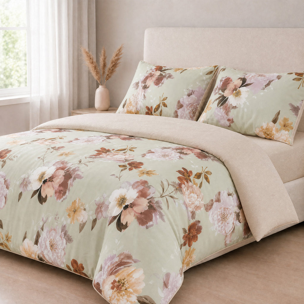 LIVMORE Set of 4 - Printed Duvet Cover Set - Inc. Duvet Cover, Fitted Sheet, & 2 x Pillowcases (Double, 200x200 cm) - Green_8429132