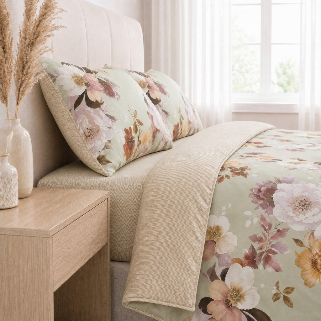 LIVMORE Set of 4 - Printed Duvet Cover Set - Inc. Duvet Cover, Fitted Sheet, & 2 x Pillowcases (Double, 200x200 cm) - Green_8429132_1