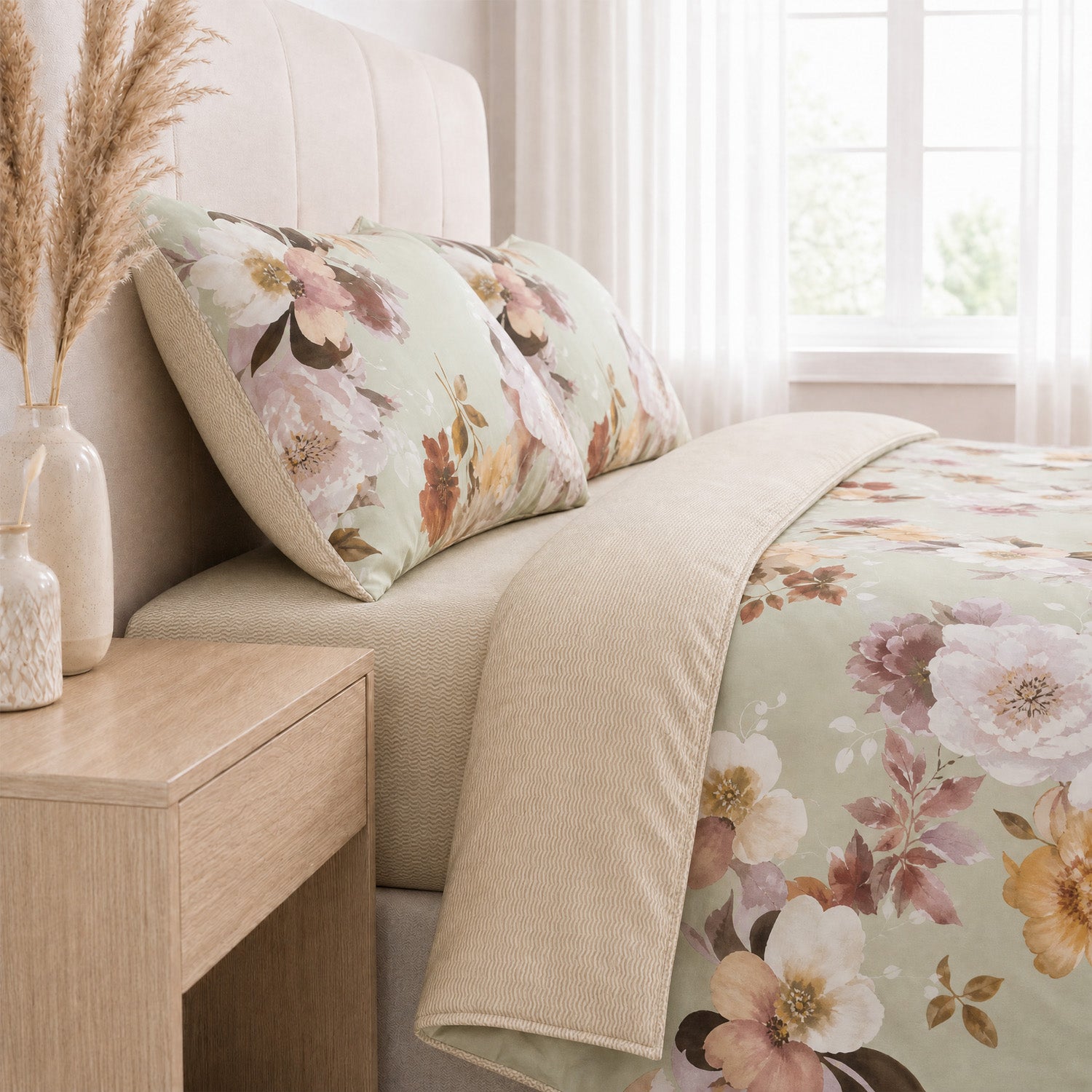 LIVMORE Set of 4 - Printed Duvet Cover Set - Inc. Duvet Cover, Fitted Sheet, &amp; 2 x Pillowcases (Double, 200x200 cm) - Green V32529199 2