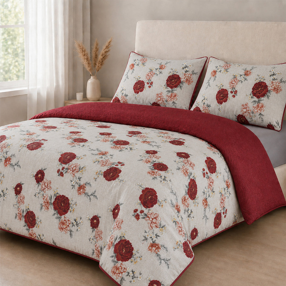 LIVMORE Set of 3 - Printed Comforter with 2 Pillowcases (Double 200x200 cm) - Red 8429144 0