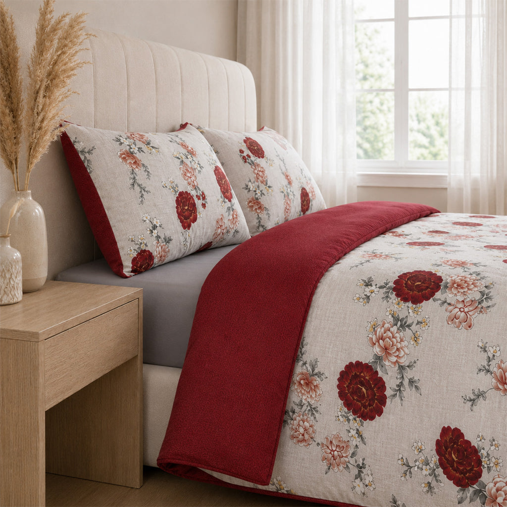 LIVMORE Set of 3 - Printed Comforter with 2 Pillowcases (Double 200x200 cm) - Red_8429144_1