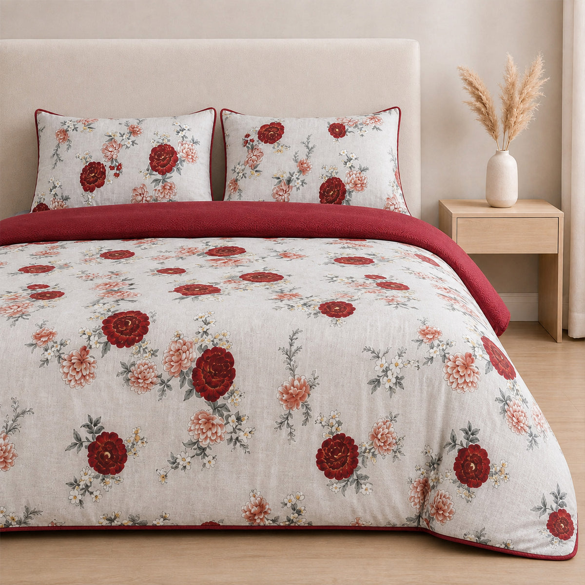 LIVMORE Set of 3 - Printed Comforter with 2 Pillowcases (Double 200x200 cm) - Red 8429144 3