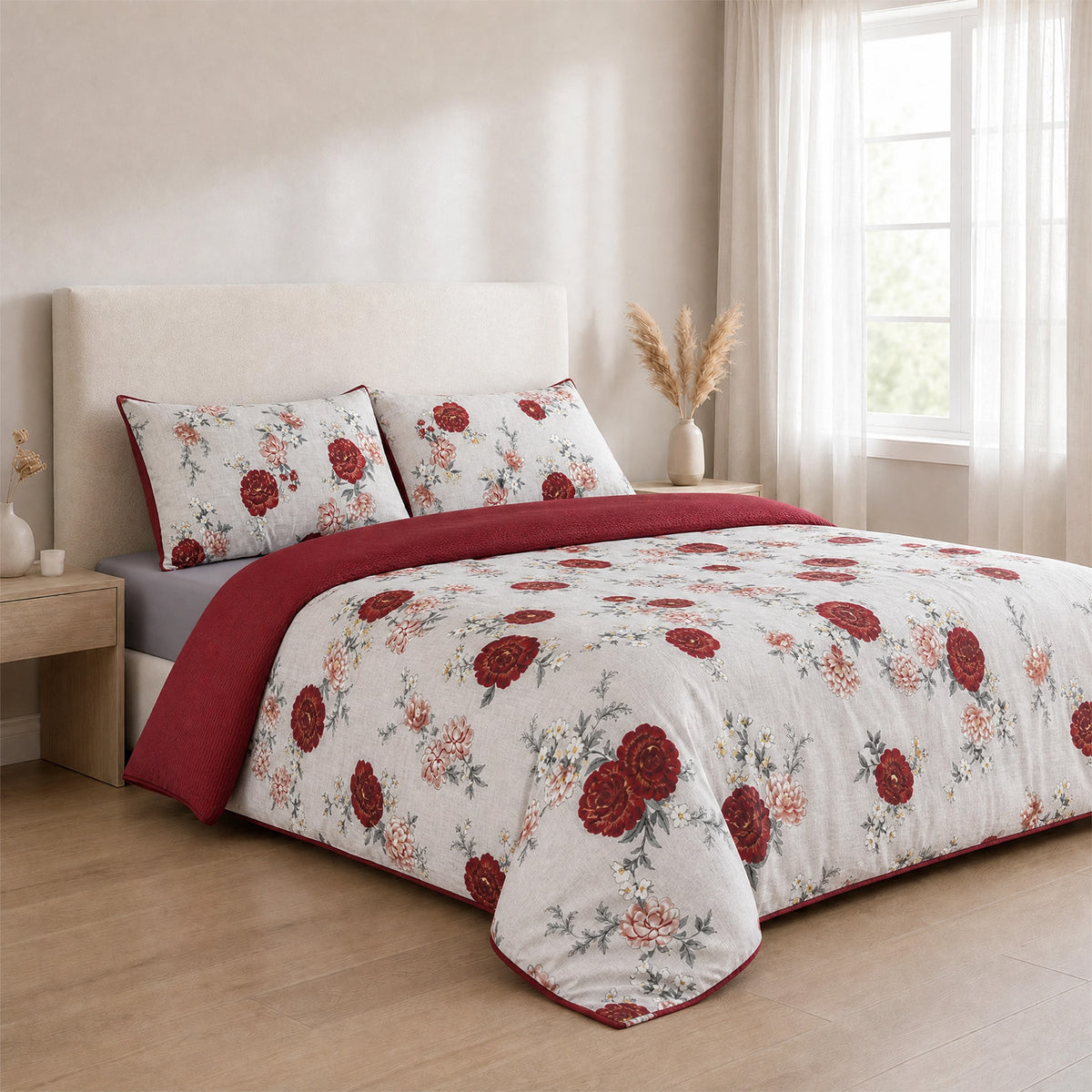 LIVMORE Set of 3 - Printed Comforter with 2 Pillowcases (Double 200x200 cm) - Red 8429144 4