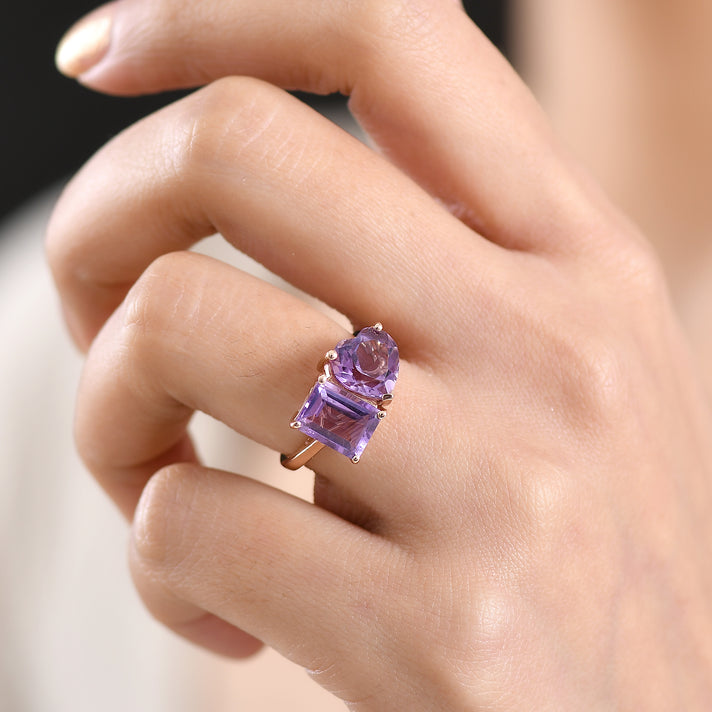D'Joy AAA Rose De France Amethyst Toi et Moi Ring in Rose Gold Plated Sterling Silver 4.80 Ct. 8429274 2