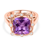 D'Joy AAA Rose De France Amethyst & White Zircon Cushion-Cut Halo Ring in Rose Gold Plated Sterling Silver 4.50 Ct._8429366