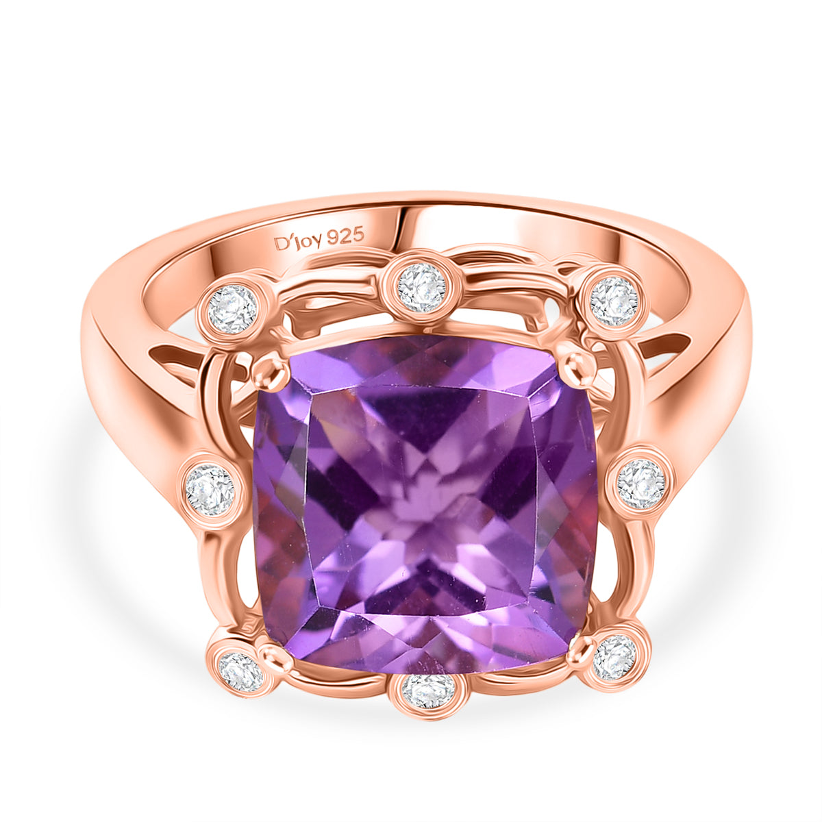 D'Joy AAA Rose De France Amethyst &amp; White Zircon Cushion-Cut Halo Ring in Rose Gold Plated Sterling Silver 4.50 Ct. 8429367 0