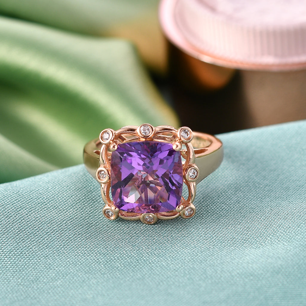 D'Joy AAA Rose De France Amethyst & White Zircon Cushion-Cut Halo Ring in Rose Gold Plated Sterling Silver 4.50 Ct._8429367_2