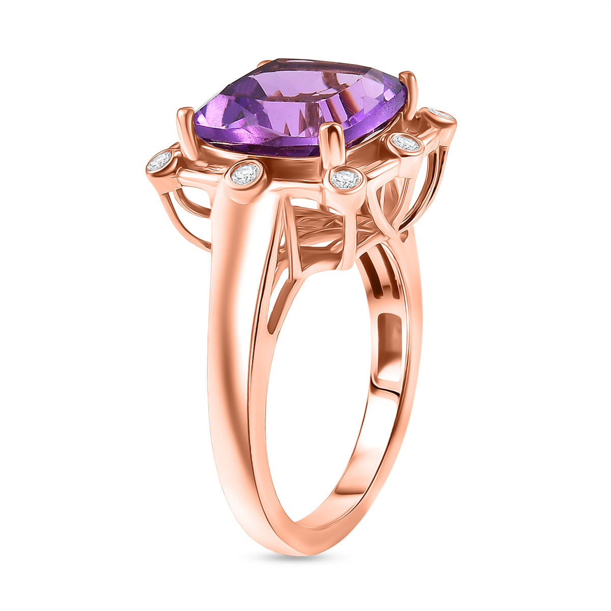 D'Joy AAA Rose De France Amethyst &amp; White Zircon Cushion-Cut Halo Ring in Rose Gold Plated Sterling Silver 4.50 Ct. 8429367 3