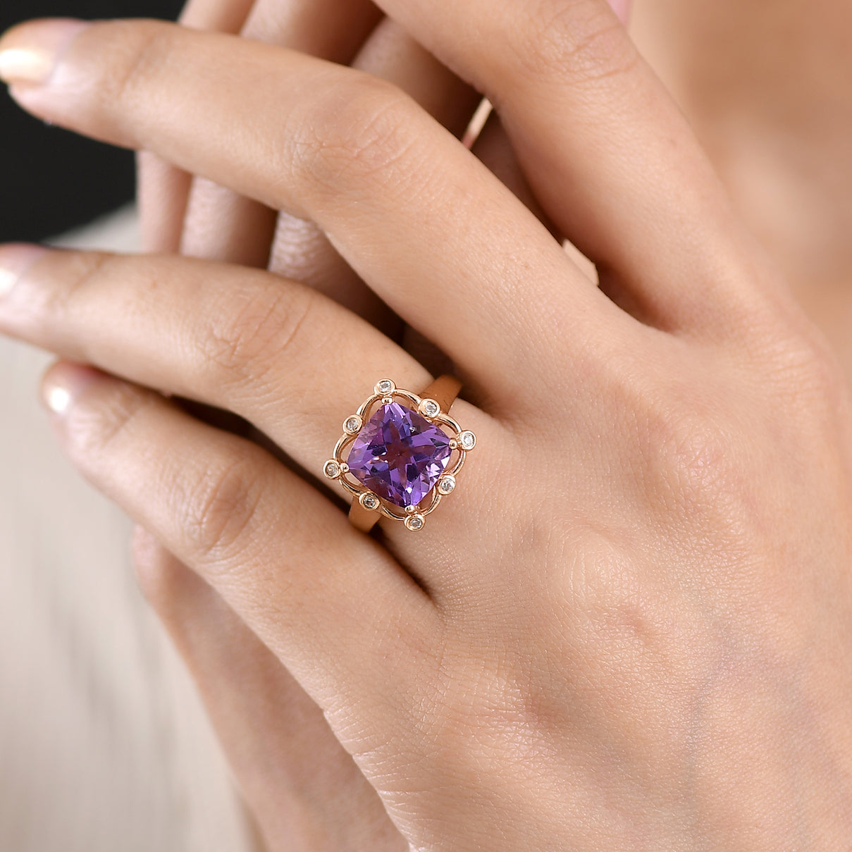 D'Joy AAA Rose De France Amethyst &amp; White Zircon Cushion-Cut Halo Ring in Rose Gold Plated Sterling Silver 4.50 Ct. 8429368 1