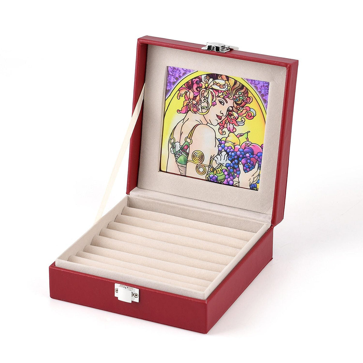 LIVMORE Multi-Slot Ring Storage Box with Suncatcher Glass Window (15.5 x 15.5 x 5.5 cm) - Wine Red V32604697 0