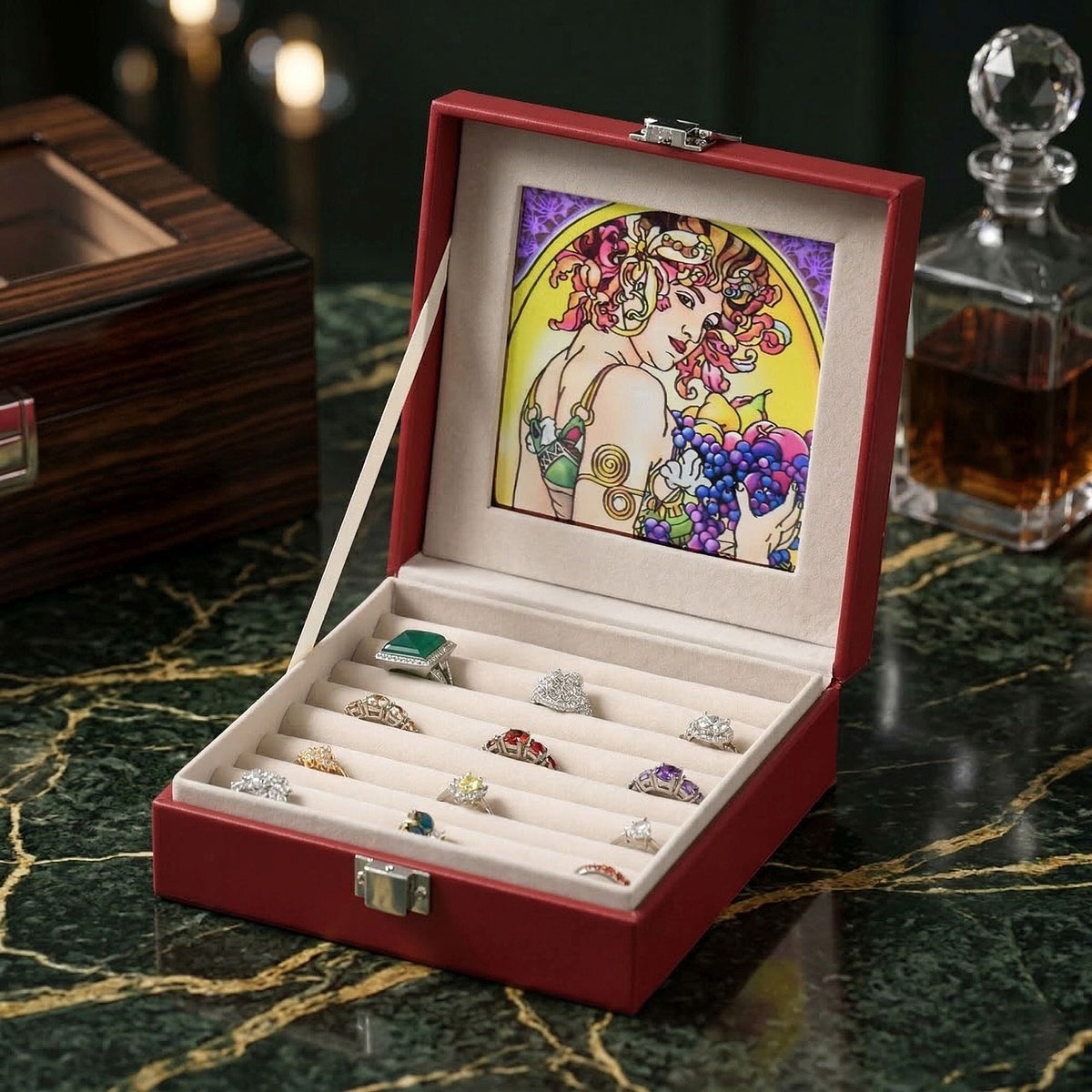 LIVMORE Multi-Slot Ring Storage Box with Suncatcher Glass Window (15.5 x 15.5 x 5.5 cm) - Wine Red V32604697 2