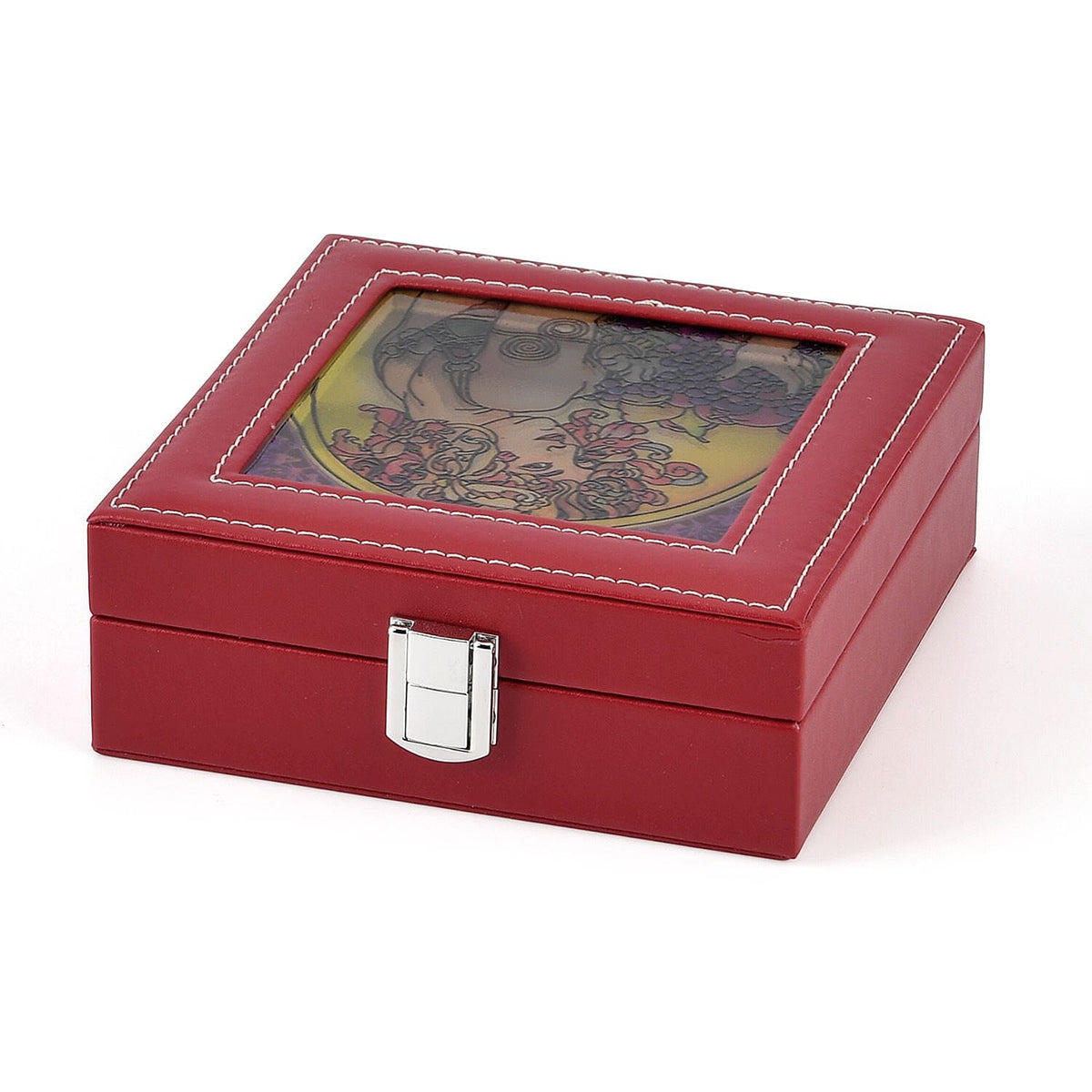 LIVMORE Multi-Slot Ring Storage Box with Suncatcher Glass Window (15.5 x 15.5 x 5.5 cm) - Wine Red V32604697 3