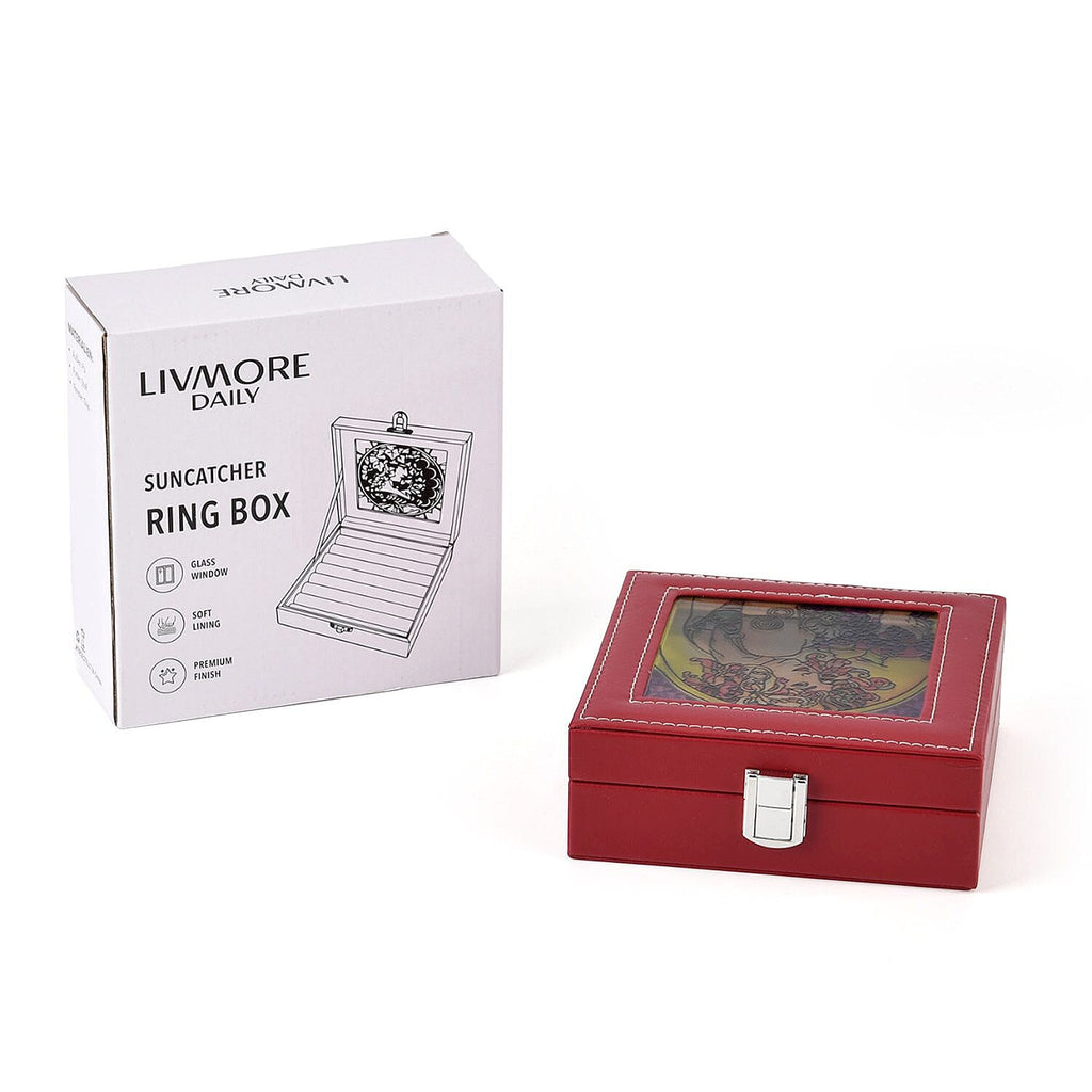 LIVMORE Multi-Slot Ring Storage Box with Suncatcher Glass Window (15.5 x 15.5 x 5.5 cm) - Wine Red_8429378_6