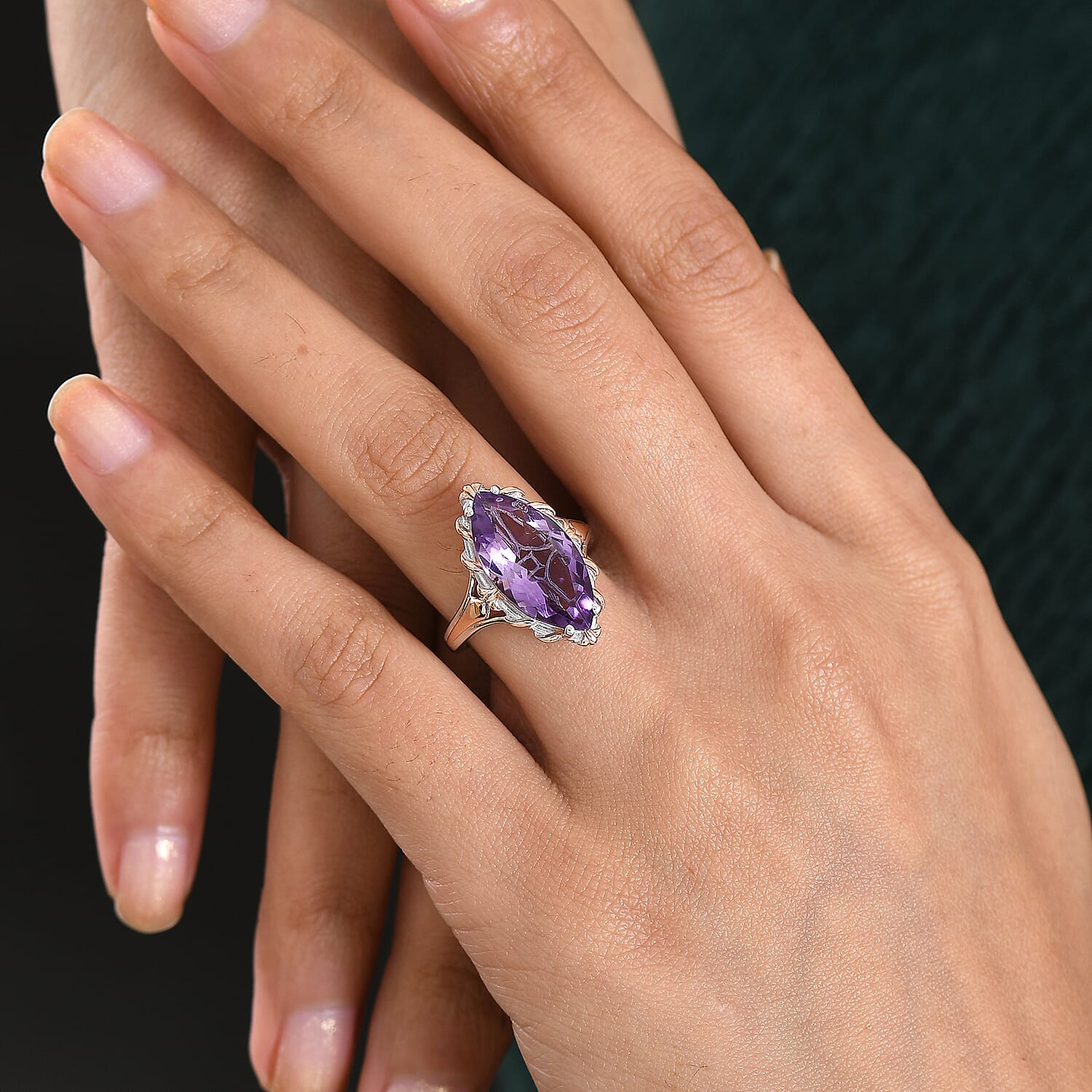 D'Joy Rose De France Amethyst Solitaire Ring in 18K Vermeil Rose Gold Plated &amp; Rhodium Overlay Sterling Silver 7.40 Ct. V32514398 2