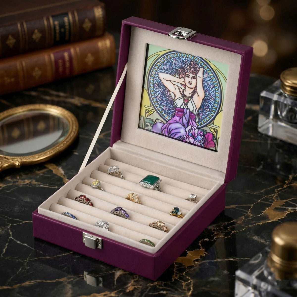 LIVMORE Multi-Slot Ring Storage Box with Suncatcher Glass Window (15.5 x 15.5 x 5.5 cm) - Purple V32517439 2