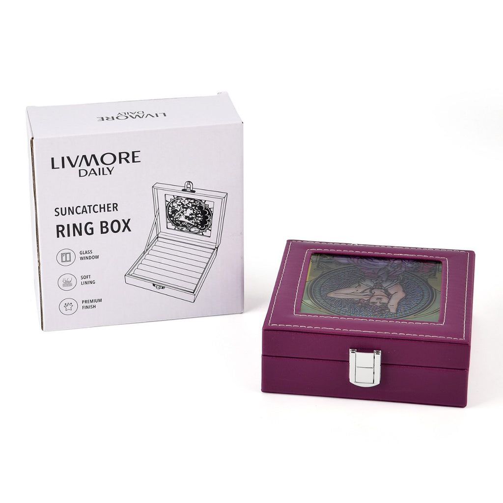 LIVMORE Multi-Slot Ring Storage Box with Suncatcher Glass Window (15.5 x 15.5 x 5.5 cm) - Purple_8429440_6