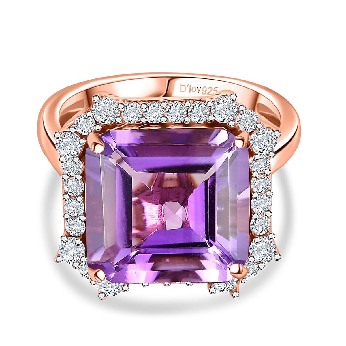 D'Joy Rose De France Amethyst &amp; White Zircon Emerald-Cut Halo Ring in Rose Gold Plated Sterling Silver 8.87 Ct. V32529403 0